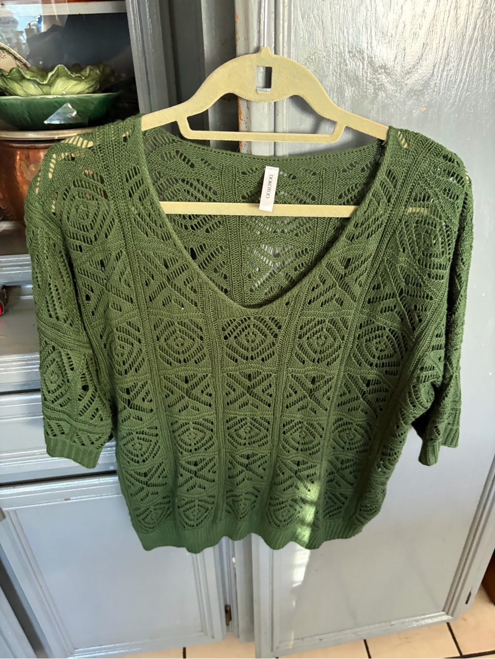Olive Green Openwork V-Neck Sweater